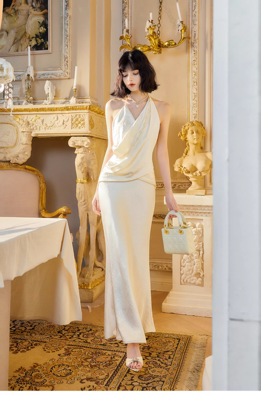 Stylish Halter V Neck Light Champagne Satin Mermaid Prom Dress Formal Birthday Party Gown SP1997