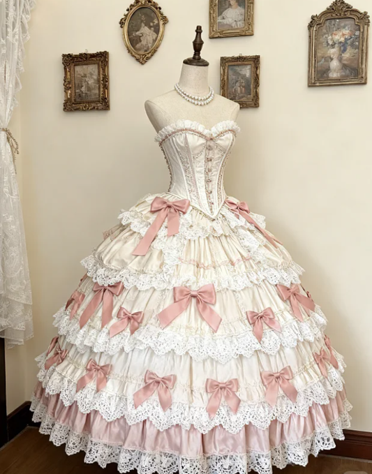 Sweet Strapless Satin Lace Bow Formal Quinceanera Dress Ball Gown SP322