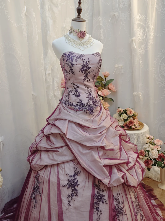 Chic Strapless Ball Gown Purple Tulle Appliques Pleated Quinceanera Dress Sweet 15 Dress SP2259
