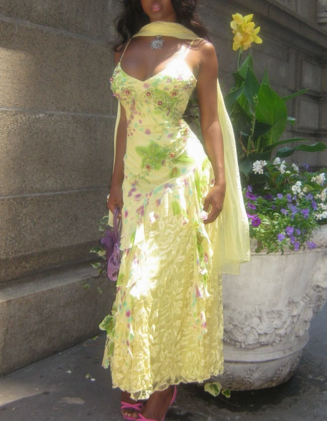 Charming Spaghetti Straps Yellow Chiffon Print Floral Beaded Mermaid Prom Dress Long Party Gown With Ribbon SP815