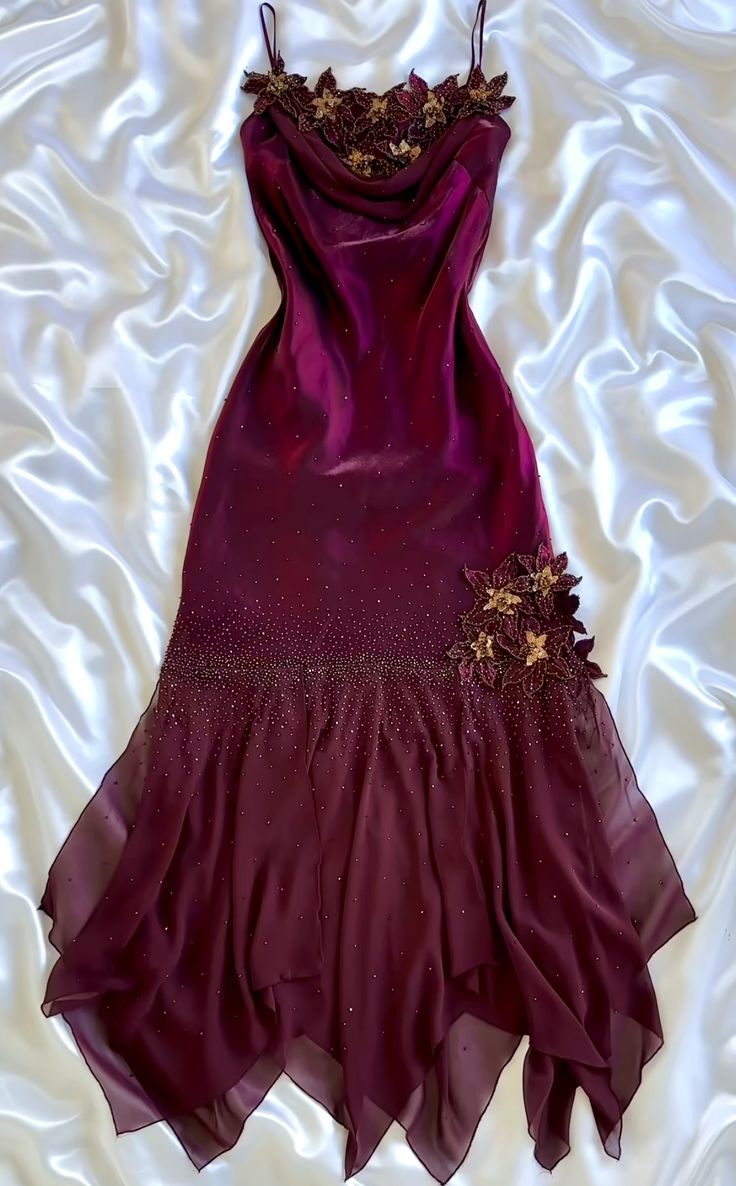 Classy Spaghetti Straps Dark Fuchsia Satin Chiffon Beaded Mermaid Party Dress Long Birthday Prom Dress With Flowers SP2241