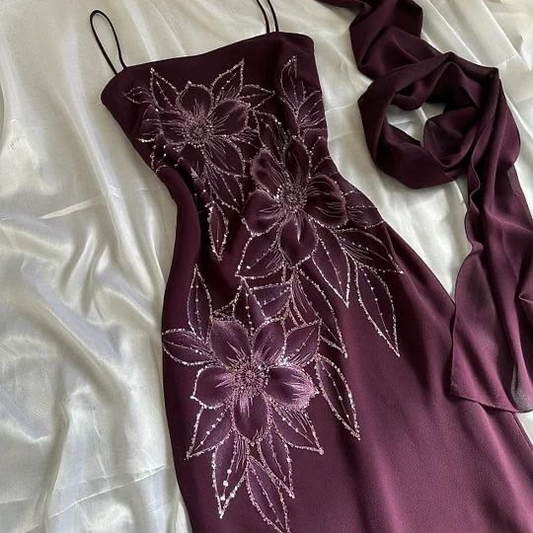 Retro Spaghetti Straps Purple Chiffon Sequin Floral Long Party Dress Prom Gown With Scarf SP2243