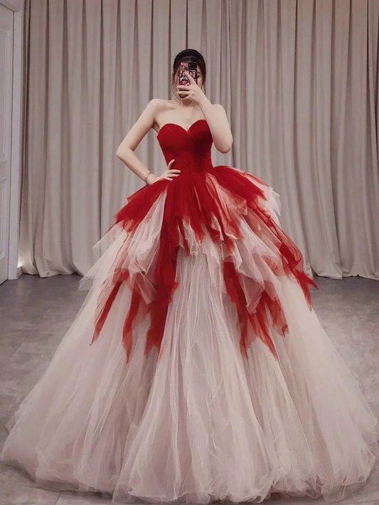 Pretty Ball Gown Red Strapless Tulle Long Party Dress Birthday Outfits SP1004