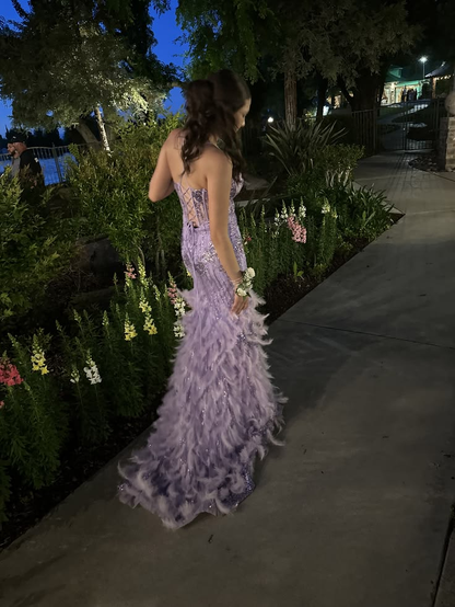 Pretty Spaghetti Straps Purple Satin Beaded Feathers Slit Mermaid Long Party Dress Prom Dress SP3707