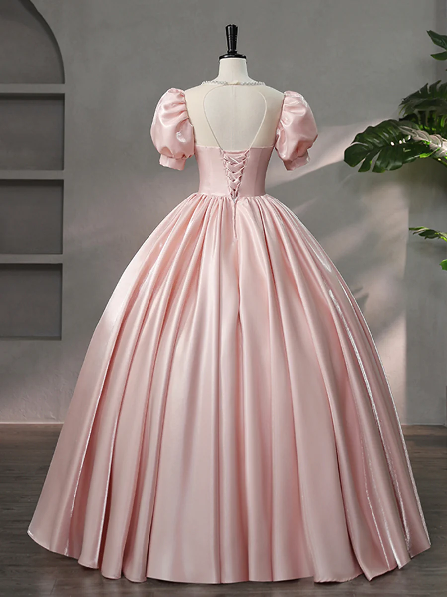 Beautiful Pink Scoop Neck Satin Floor Length Prom Dress, A-Line Short Sleeve Evening Dress with Bow Y6082