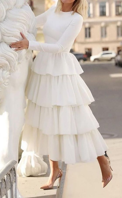 New Long Sleeve Prom Dress,Tiered Stretch Satin Tea Length Formal Dress,White Formal Party Dress Y6441