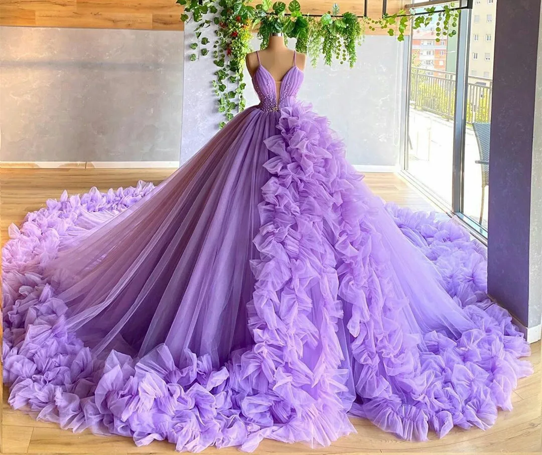 Purple A-line V Neck Tulle Ball Gown,Purple Princess Dress,Fairy Dress Y6590