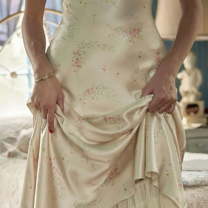 Pretty Satin Print Floral Long Party Dress Spaghetti Straps Long Wedding Guest Dress SP3622
