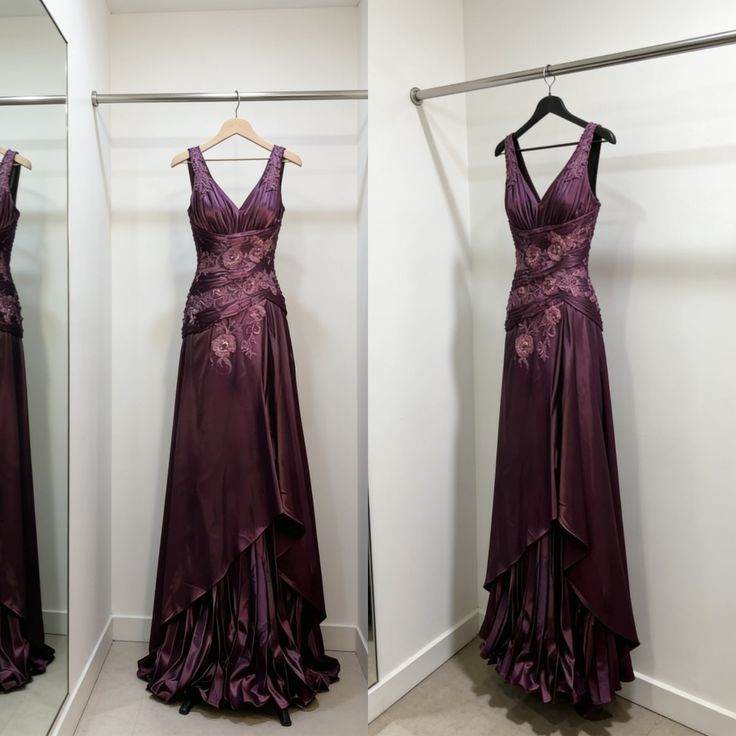 Vintage Grape V Neck Satin Appliques Sleeveless Long Evening Dress Prom Dress SP1727