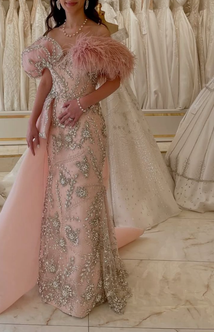 Gorgeous Pink Off The Shoulder Organza Beaded Mermaid Prom Dress Long Party Dress With Feathers SP582