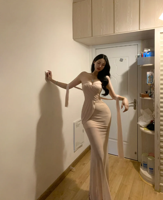 Sexy Strapless Chiffon Mermaid Long Party Gown Formal Guest Dress With Ribbon SP290