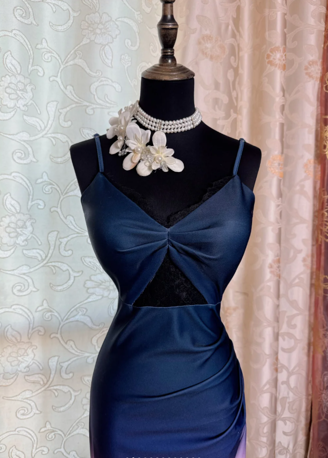 Unique Spaghetti Straps Navy Blue Ombre Pink Satin Slit Mermaid Evening Dress Long Birthday Prom Gowns SP1892