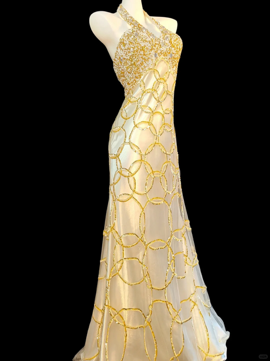 Gorgeous Gold Halter Tulle Sequin Beaded Mermaid Long Party Gown Prom Dress SP353