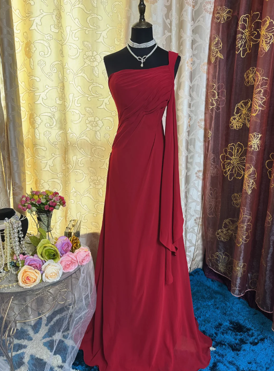 Charming Red One Shoulder Satin Pleated Mermaid Long Party Dress Formal Wedding Guest Dress SP1948