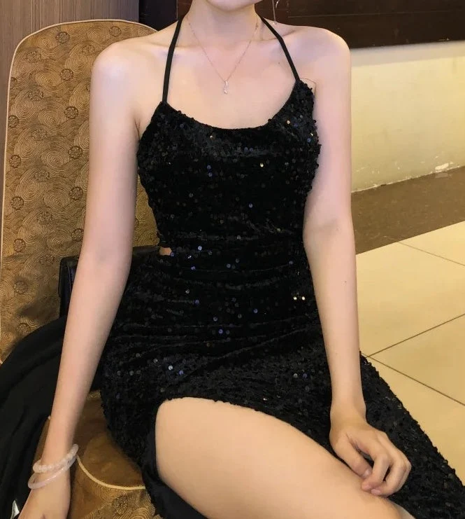 Sexy Black Spaghetti Straps Sequins Backless Mermaid Slit Long Prom Dress Party Dress SP3876