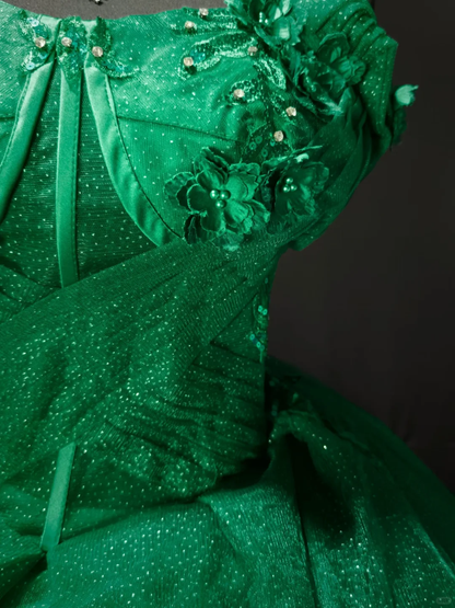Unique Green Ball Gown Off The Shoulder Tulle Sequin Ruffles Birthday Quinceanera Dress SP3171