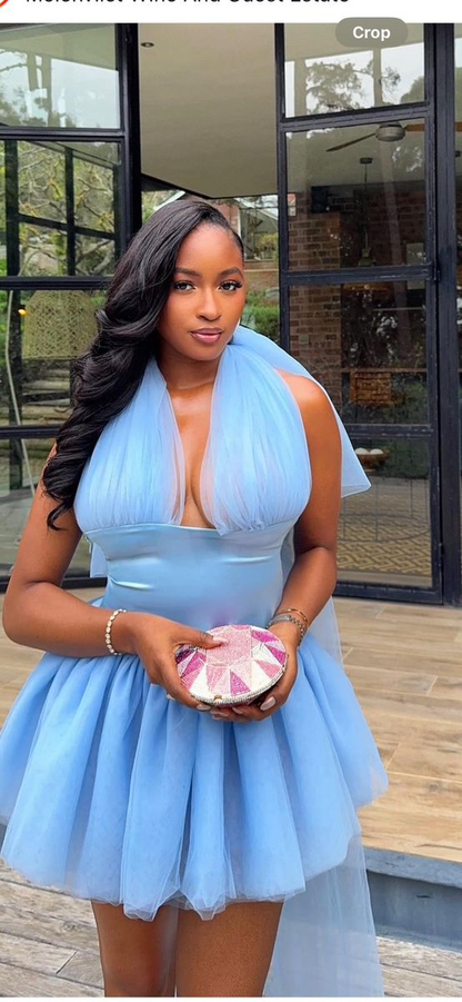 Elegant Halter Blue Satin Tulle Short Homecoming Dress Cocktail Dress SP3259