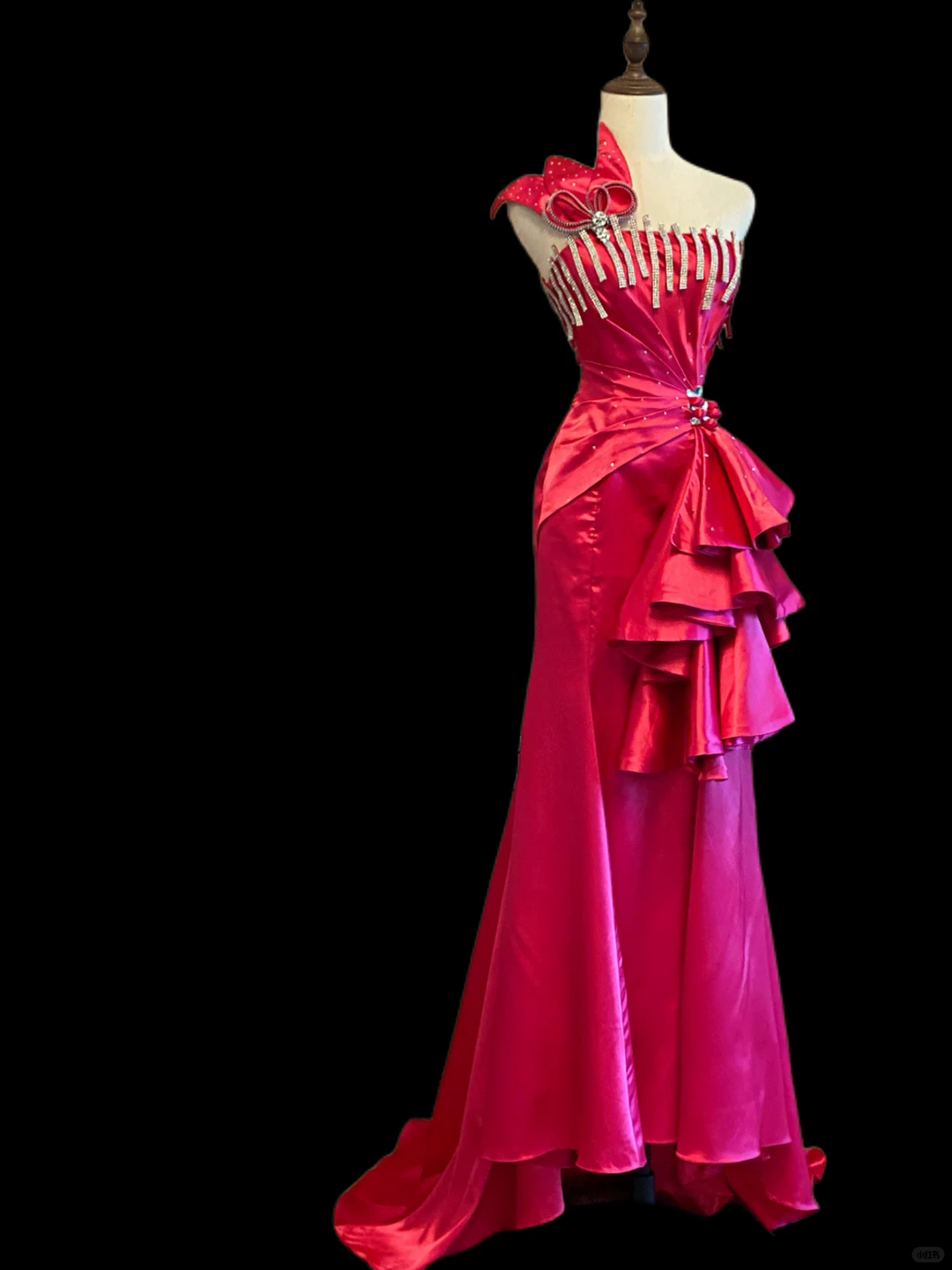 Chic Hot Pink Satin Beaded Mermaid Long Birthday Party Dress One Shoulder Long Prom Dresses SP4082