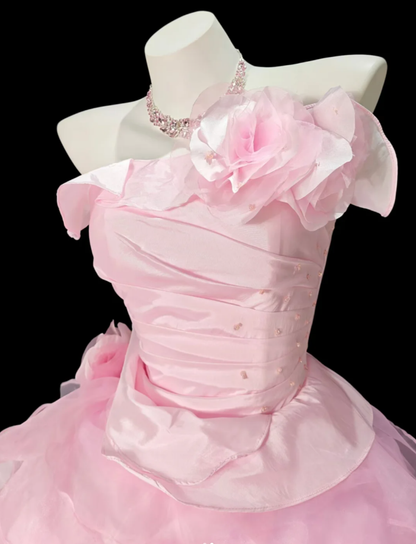 Charming Strapless Satin Tulle Beaded Pleated Layered Ball Gown Pink Quinceanera Dress SP1932
