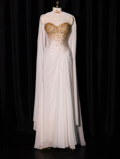 Gorgeous Sweetheart Neck White Chiffon Beaded Long Evening Dress Prom Gown With Cape SP2237