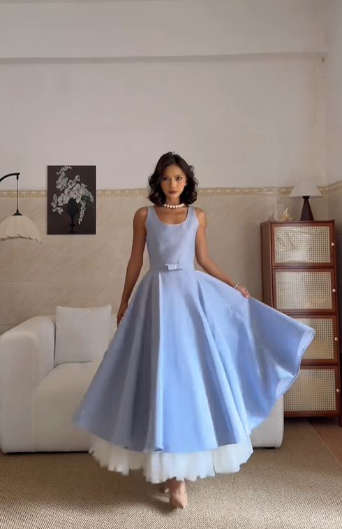 Classy Blue Satin Tulle A Line Long Party Dress Birthday Prom Dresses SP2072