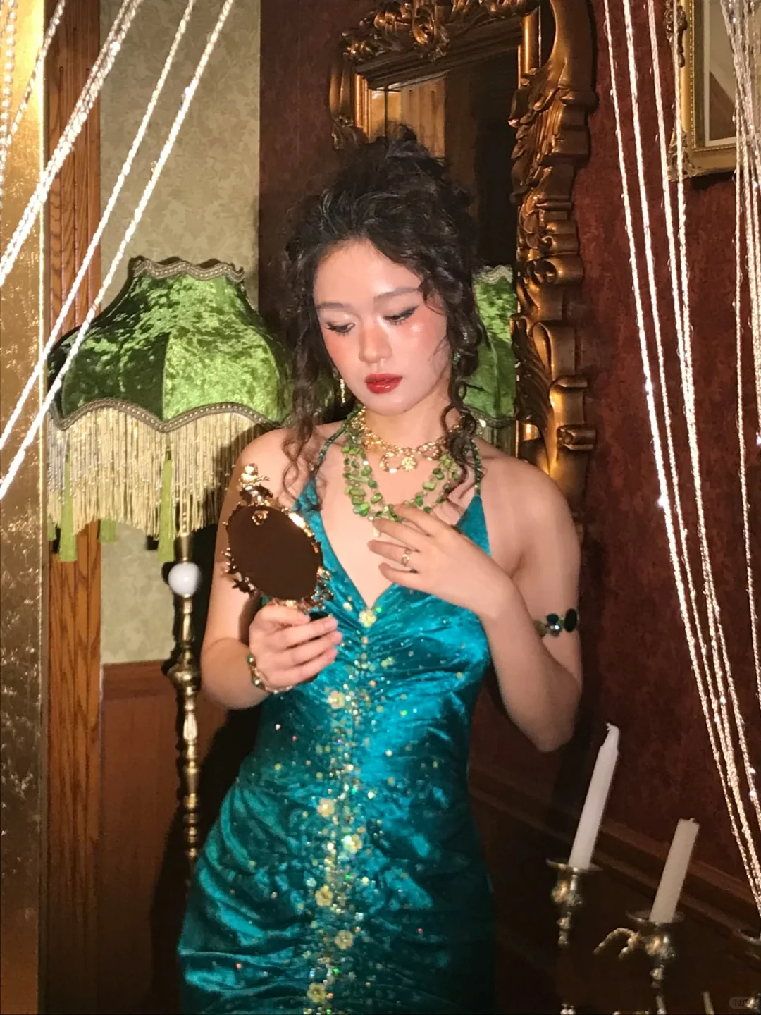 Elegant V Neck Green Satin Beaded Mermaid Long Party Dress Formal Birthday Dress SP2158