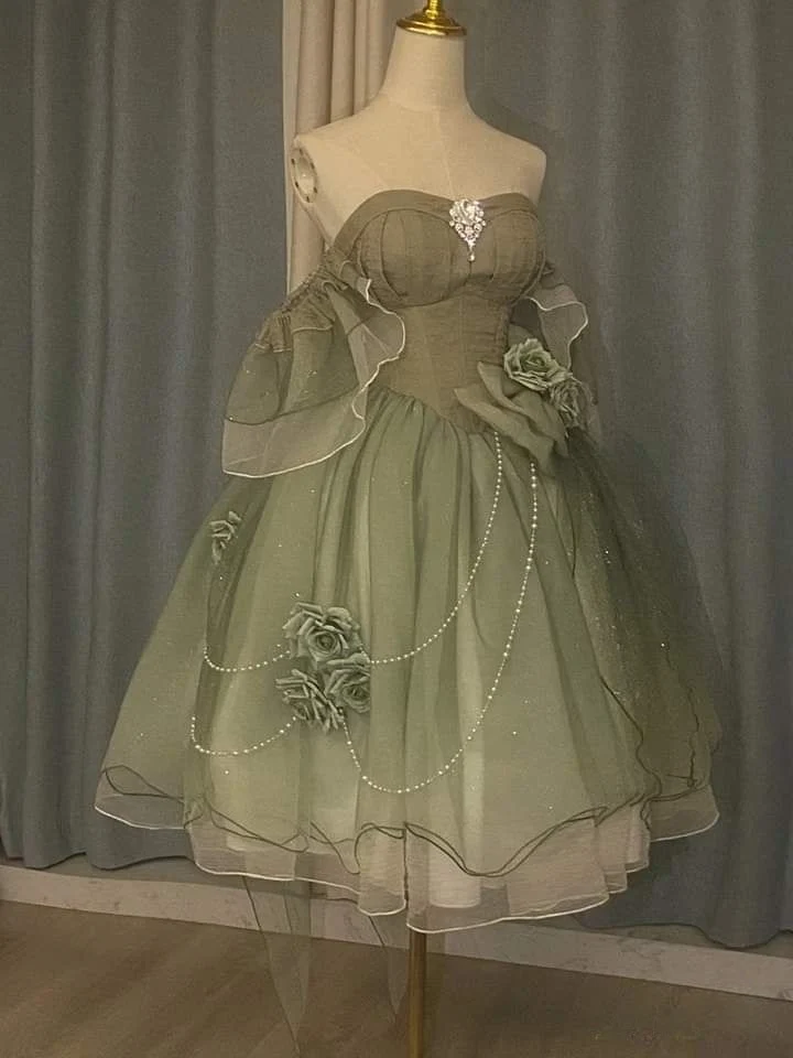 Classy Green Off Shoulder A-Line Floral Short Homecoming Dress Cute Mini Birthday Dress SP3786