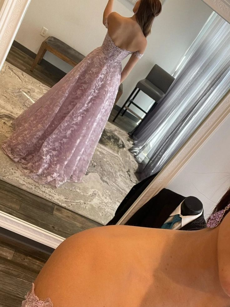 Off Shoulder Lilac Lace Long Prom Dresses, Off the Shoulder Formal Dresses, Lilac Evening Dresses Y5340