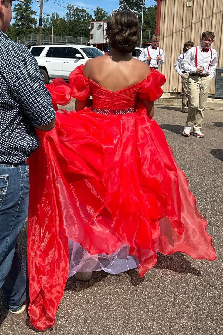 Off the Shoulder Red Balloon Sleeves Ruffle Layered Prom Dress Y5314