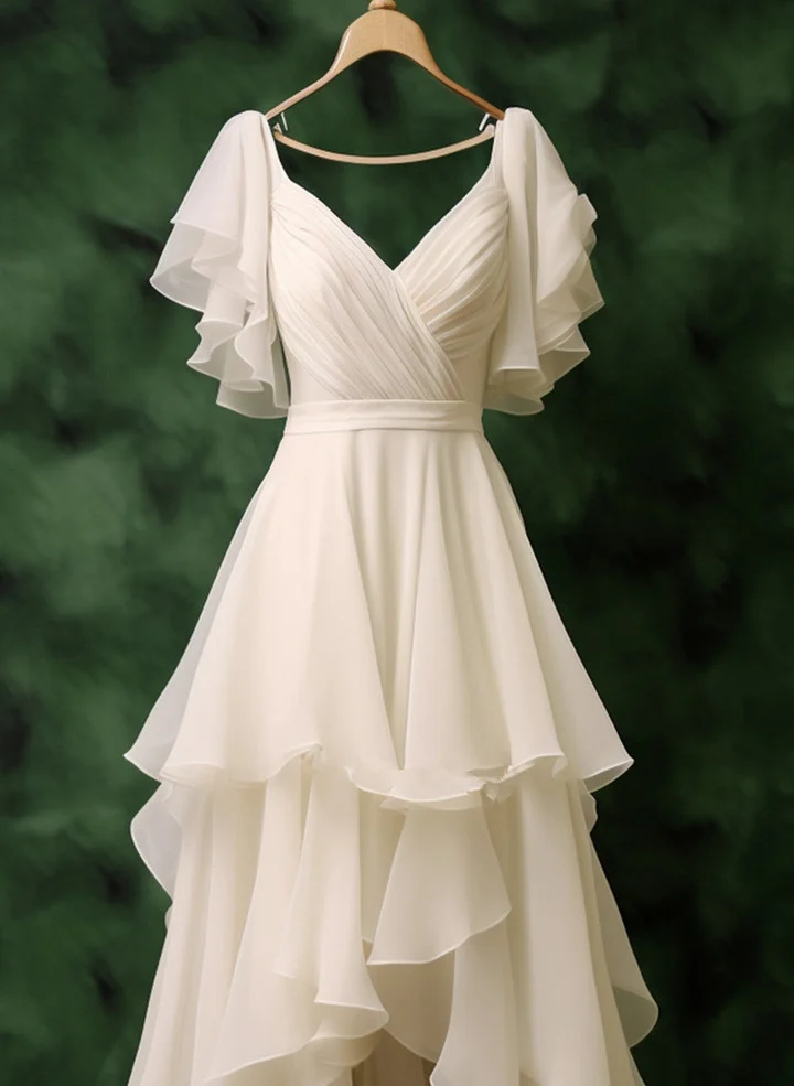 Pretty White Chiffon High Low Party Dress,Layered  Wedding Prom Dress Y7749