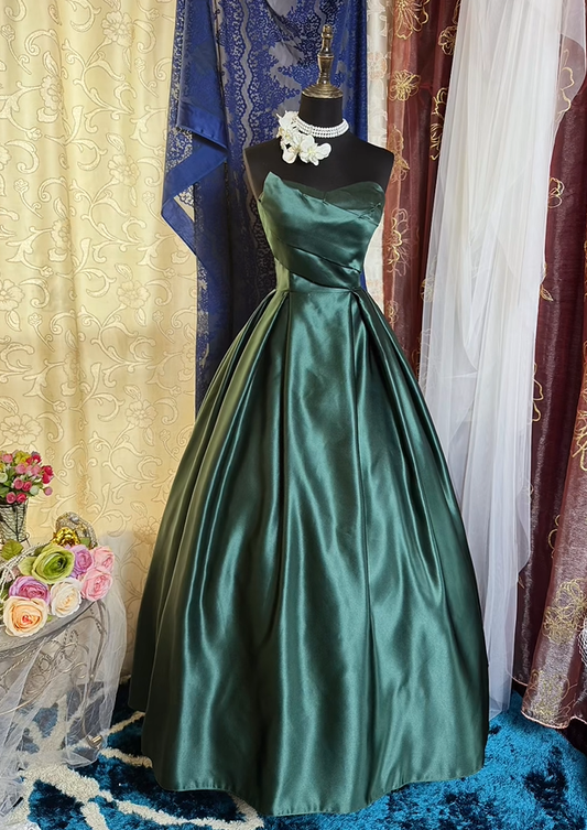 Retro Green Strapless Satin Pleated Ball Gown Long Party Dress Prom Dress SP2194