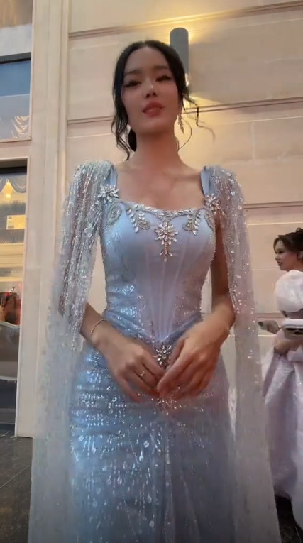 Elegant Blue Satin Tulle Sequin Beaded Long Party Dress Birthday Prom Dresses SP3996