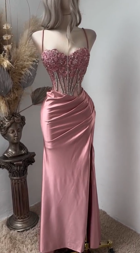 Glamour Spaghetti Straps Satin Beaded Appliques Pleated Mermaid Prom Dress Pink Party Dress SP4196