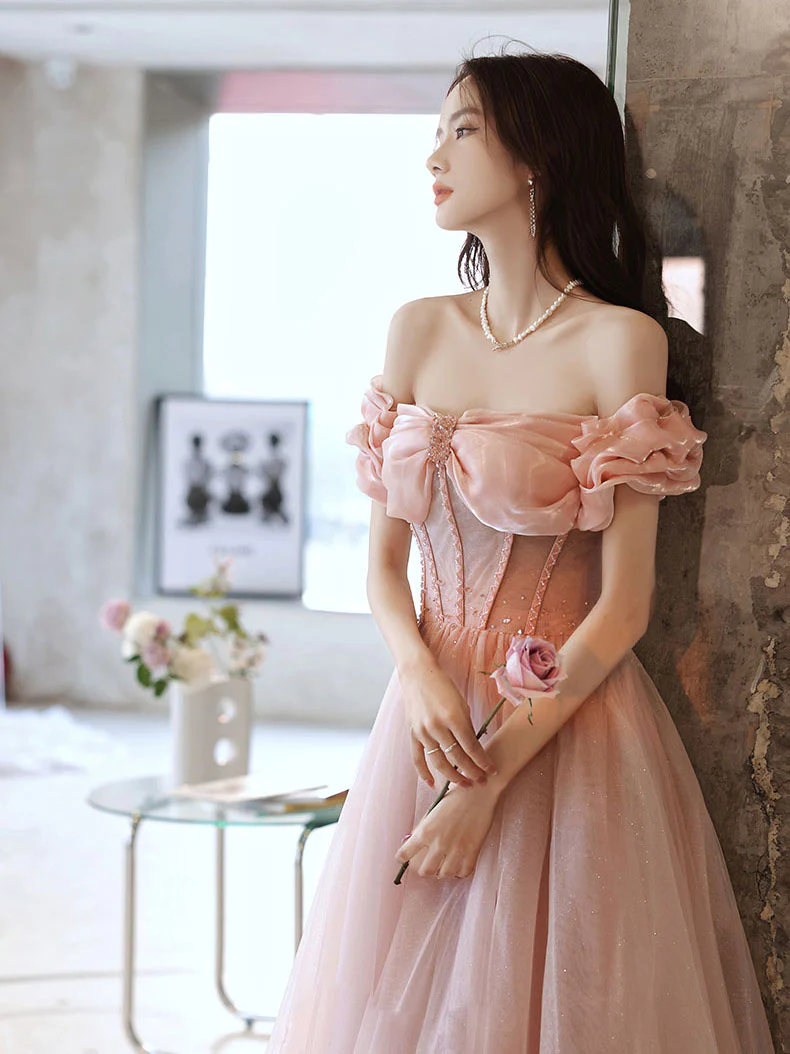 Pink Sweetheart Neck Tulle Beads Long Prom Dress, Pink Evening Dress,Y2406