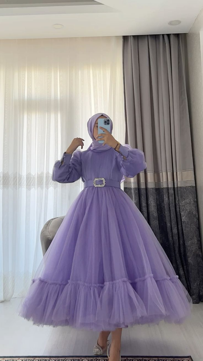 Simple Purple A-line Puffy Tulle Prom Dress,Purple Muslim Dress Y6977