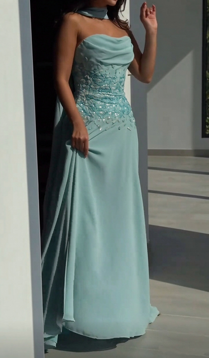 Elegant Strapless Mint Green Chiffon Beaded Slit Long Party Dress Prom Gowns SP4272