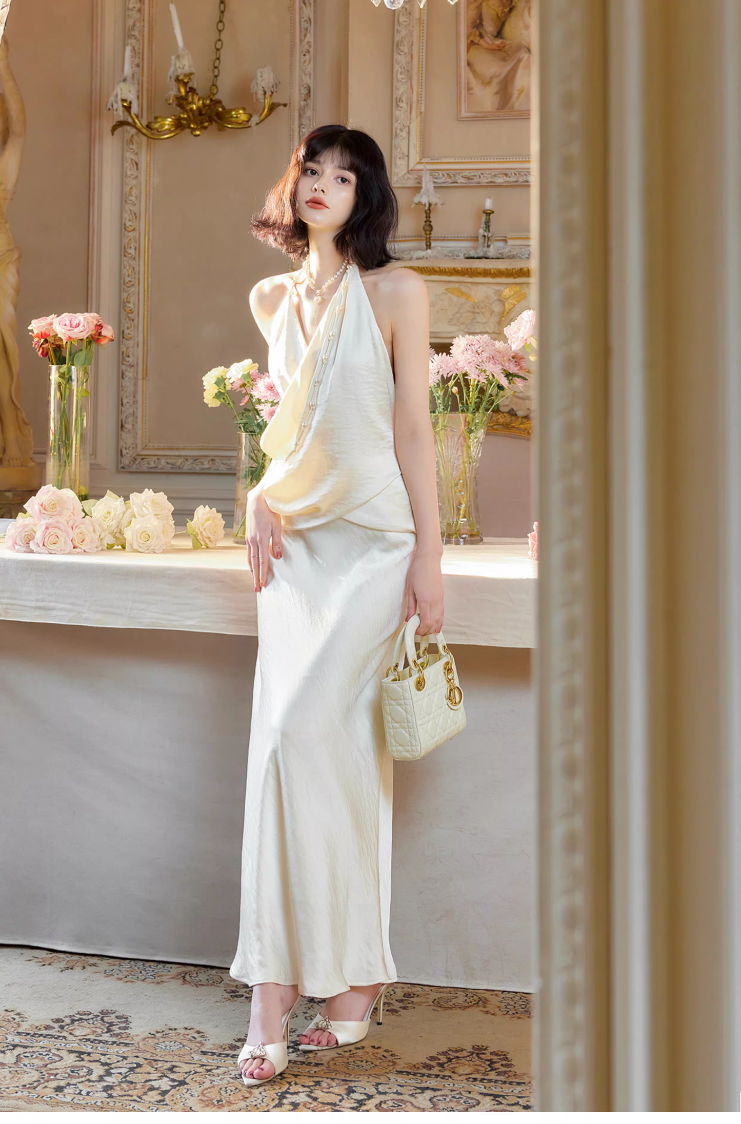 Stylish Halter V Neck Light Champagne Satin Mermaid Prom Dress Formal Birthday Party Gown SP1997