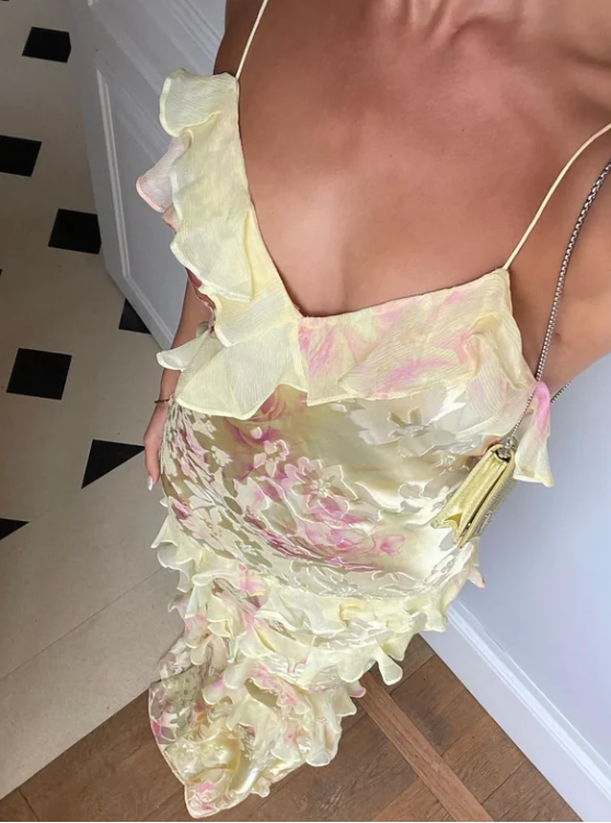 Romantic Spaghetti Straps V Neck Chiffon Print Prom Dress,Charming Evening Dress Y2306