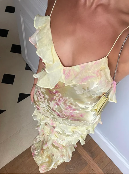 Romantic Spaghetti Straps V Neck Chiffon Print Prom Dress,Charming Evening Dress Y2306