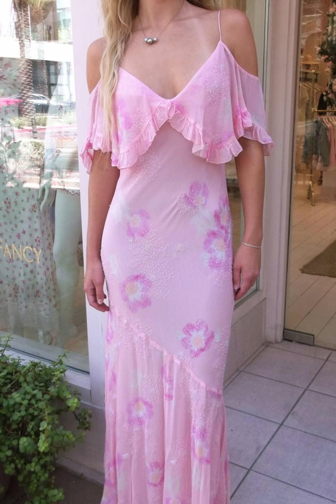 Charming Spaghetti Straps Chiffon Floral Beaded Mermaid Long Party Dress Pink Evening Dress SP3959
