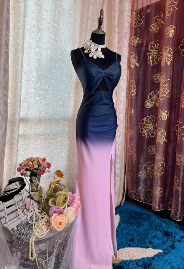 Unique Spaghetti Straps Navy Blue Ombre Pink Satin Slit Mermaid Evening Dress Long Birthday Prom Gowns SP1892