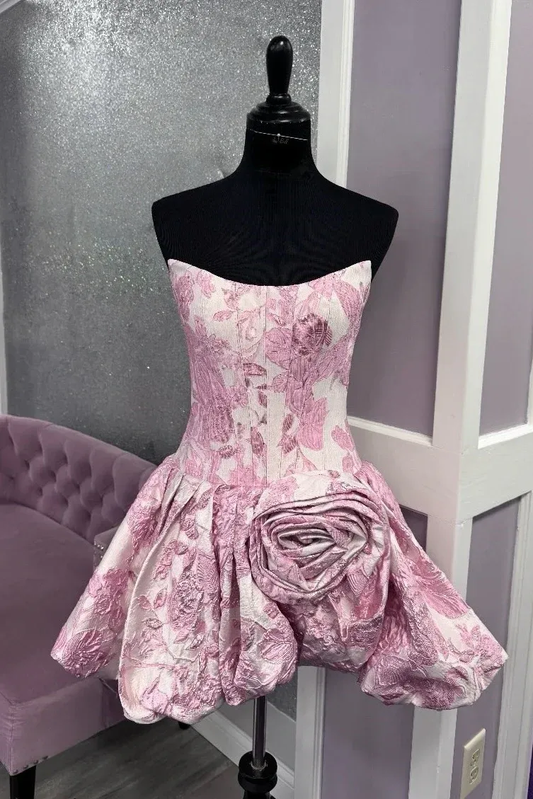 Glamorous Strapless A-Line Satin Floral Print Short Homecoming Dress Pink Short Prom Gown SP3608