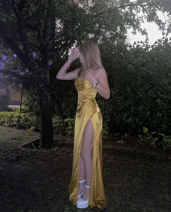 Sexy Mermaid Silk Satin Evening Dress Long Yellow Prom Dress Y7304