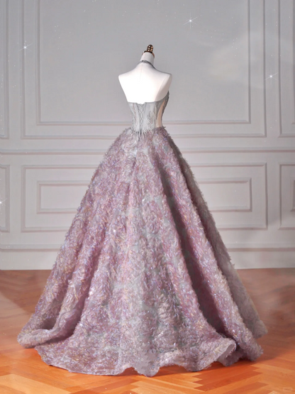 Glamorous Halter Purple Tulle Flowers Beaded Prom Dress,A Line Evening Dress Wedding Dress Y8625