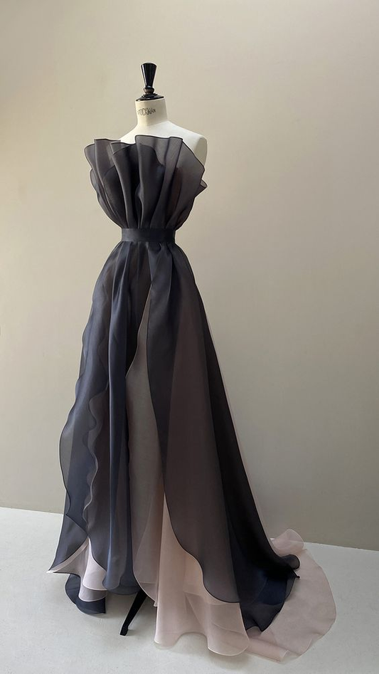 Black A-line Tulle Ruffle Prom Dress,Formal Gown Y4613