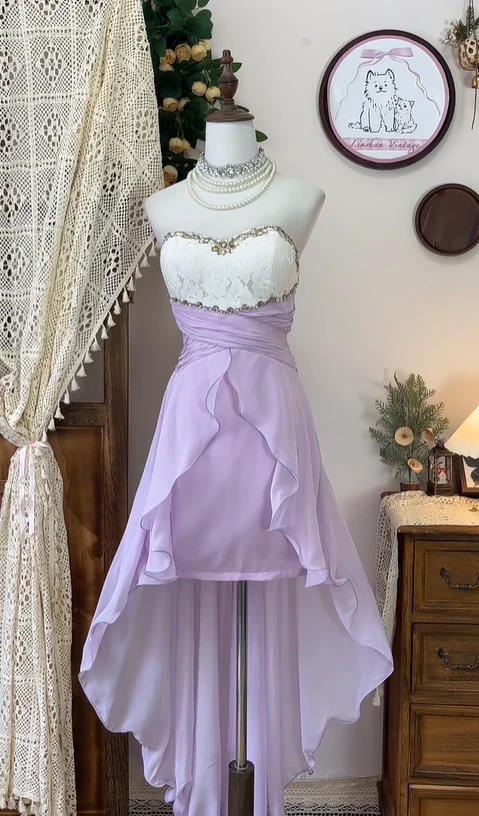 Beautiful Strapless Lace Chiffon Beaded Homecoming Dress Lilac Short Party Dress Cocktail Dress Y8882