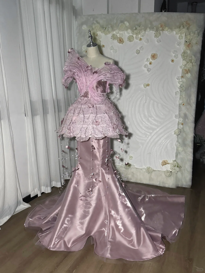 Glamorous Pink Tulle Beaded Tassel Mermaid Long Party Dress Strapless Prom Dress SP4224