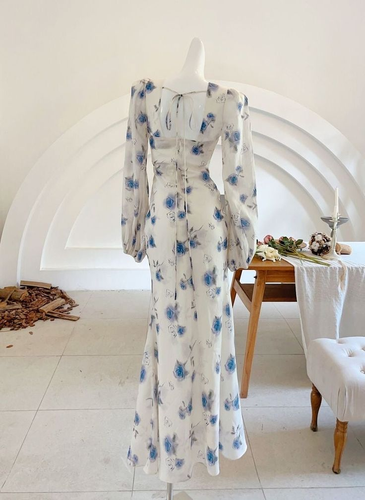 Elegant Ice Blue Rose Chiffon Print Floral Prom Dress,Long Mermaid Evening Dress Y8407