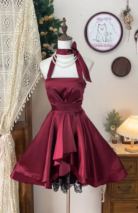 Pretty Burgundy Satin Lace A Line Halter  Homecoming Dress Cocktail Dress Y8881