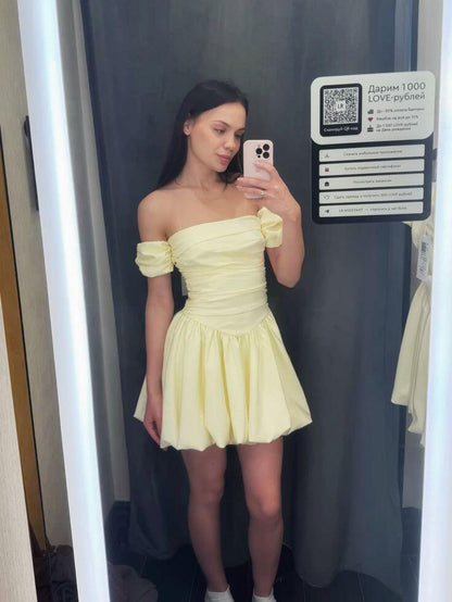Cute Off The Shoulder Yellow Satin A Line Short Homecoming Dress Birthday Dress SP3963